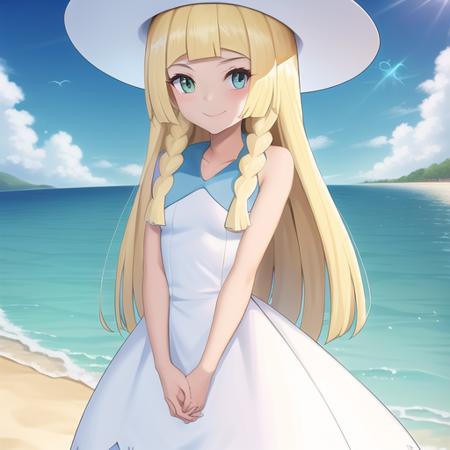 <lora:character_pokemon_lillie_v3:0.5> beach, 1girl, character_pokemon_lillie, solo, standing, cowboy shot, looking at viewer, smile, v arms, own hands together, twin braids, hat, dress