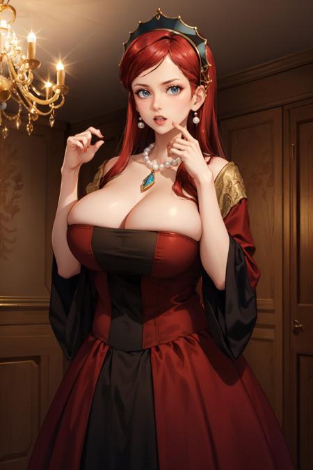 masterpiece, best quality, <lora:hildagreyrat-nvwls-v1-000010:0.9> hildagreyrat, grey eyes, headdress, earrings, pearl necklace, pendant, large breasts, red dress, cleavage, long dress, wide sleeves, cowboy shot, looking at viewer, surprised, mansion, chandelier, hands up