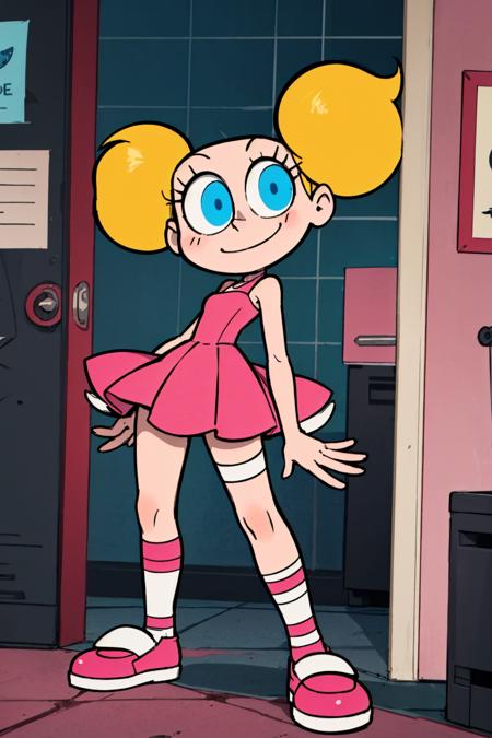 blonde hair, deedee, solo, white legwear, pink dress, twintails, blue eyes, 1girl, short twintails, smile, standing, pink footwear