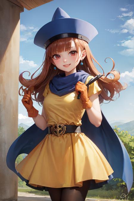 (masterpiece, best quality:1.2), <lora:dq4_alena-10:0.9>, cowboy shot, solo, 1girl, alena \(dq4\), smile, looking at viewer, hat, dress, cape, pantyhose, gloves, belt, jewelry, earrings