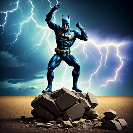 mdjrny-shttr, broken statue of batman made of (marble:1.1) with golden inlays with (blue lightnings:1.3) on background, floating stones from statue, hyper-realism, best quality <lora:broken rocks:0.6>, hyper-realism, best quality