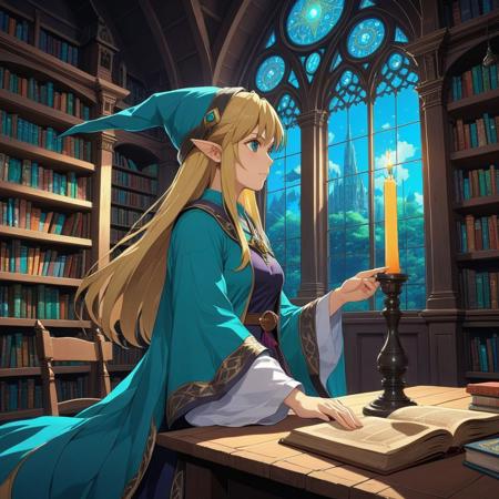 A masterpiece anime image of a witch school library  filled with books flying and in shelves, ornamented wooden benches and tabledchurch like interior with painted glass vitreaux.
BREAK
Mid shot anime of a witch girl with long blonde hair, blue and turquoise silk wizard robe, shot from the side, 3/4 profile, the girl is studying with many open books, under a flying candle illumination
BREAK
Magic recipe, boubles flying on the scene
BREAK
AMAZINGLY DETAILED, ultra detailed, aesthetic high resolution, high quality, Legend of Zelda style, Ghibli style, anime, Cowboy bebop style