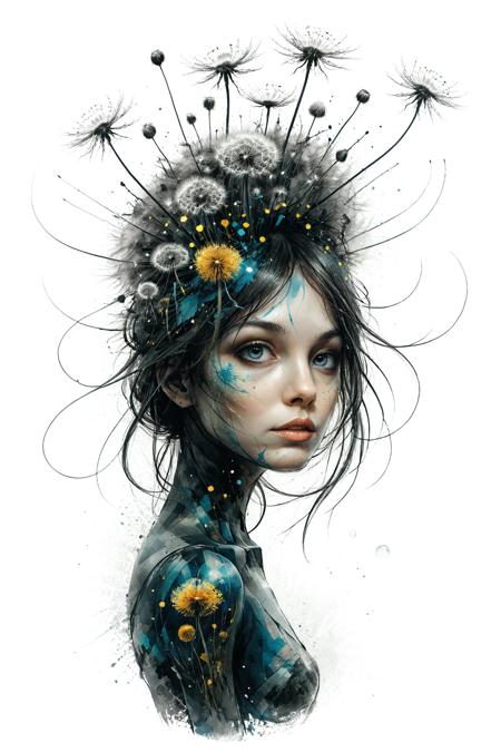 mysterious silhouette dandelion woman, by Minjae Lee, Carne Griffiths, Emily Kell, Steve McCurry, Geoffroy Thoorens, Aaron Horkey, Jordan Grimmer, Greg Rutkowski, amazing depth, double exposure, surreal, geometric patterns, intricately detailed, bokeh,  perfect balanced, deep fine borders, artistic photorealism , smooth,  great masterwork by head of prompt engineering   <lora:add-detail-xl:2>  <lora:xl_shuimo:0.7> ink wash painting <lora:Cute_Drawing:0.55>  <lora:hyperkraximalism_v1-1:0.25>