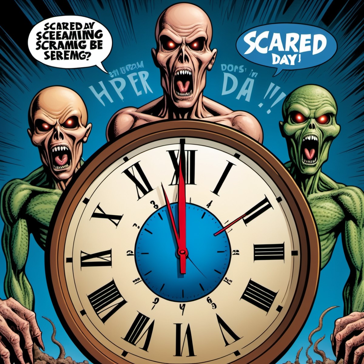 doomsday clock, text saying "Dooms Day", scared aliens screaming, hyper-detailed satiric graphic illustration