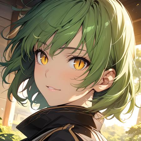 hikage(senrankagura) green hair, yellow eyes, short hair, slit pupils