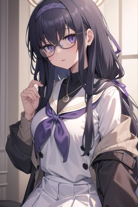 uikozeki, <lora:uikozeki-lora-nochekaiser:1>,
ui kozeki, bags under eyes, black hair, (purple eyes:1.5), glasses, halo, long hair, red-framed eyewear,
BREAK black pantyhose, black undershirt, blue hairband, blue neckerchief, brown cardigan, brown sweater, cardigan, hairband, long sleeves, messy hair, neckerchief, pantyhose, sailor collar, school uniform, serafuku, sweater, white sailor collar, white serafuku, skirt, long skirt,
BREAK looking at viewer,
BREAK indoors, classroom,
BREAK <lyco:GoodHands-beta2:1>, (masterpiece:1.2), best quality, high resolution, unity 8k wallpaper, (illustration:0.8), (beautiful detailed eyes:1.6), extremely detailed face, perfect lighting, extremely detailed CG, (perfect hands, perfect anatomy),