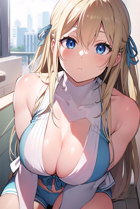 sylphy, blonde hair, blue eyes, hair ribbon, long hair, ribbon, two side up, cleavage, shorts, short shorts, blue shorts,cleavage, shorts, short shorts, blue shorts,