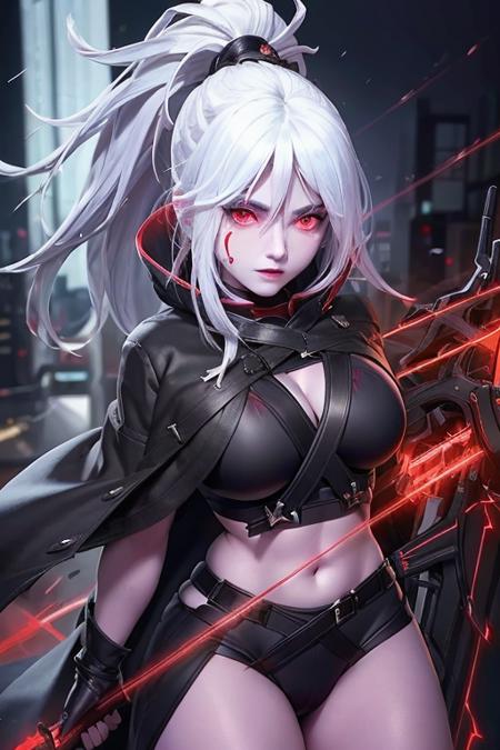 a woman wearing a black jacket and red shirt holding a crossbow, best quality, intricate details, chromatic aberration, hand drawn, 1girl, white hair, red highlights, red eyes, sharp eyes, choker, neon shirt, torn legwear, ((modern city background))  <lora:drowranger:0.7>