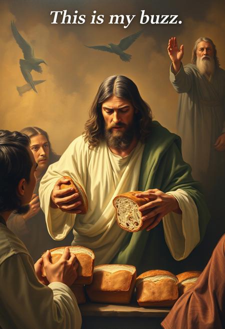 Masterpiece epic religious painting of Jesus Christ multiplying loaves of bread as a miracle, (title text above: “This is my buzz”:1.3), best quality, intricate details, ultra details, good lighting, vibrant colors, very detailed,