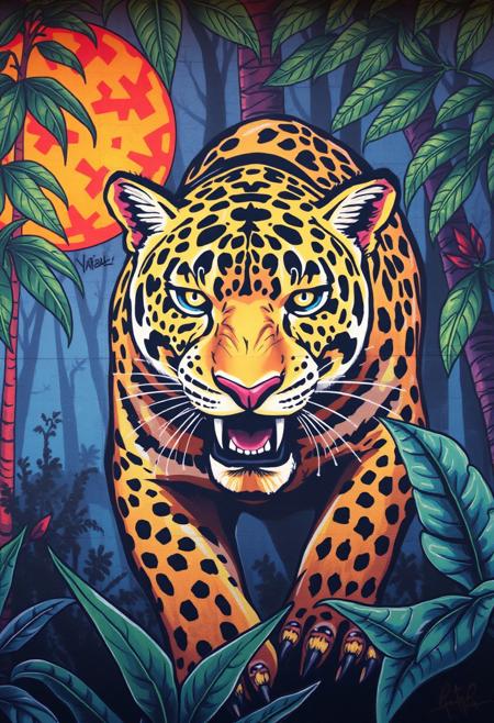 Graffiti art of a jaguar in the jungle, street art, mural, halloween, highres, good quality