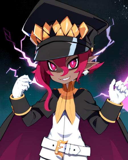 Psychic, short  lavender hair , pink eyes, pointy ears ,dark skin , evil grin, hands up, 
PsyATT,white gloves, earrings ,black shorts , black boots, white belt , black uniform with long sleeves ,shako cap, cape,
outer space, milky way, stars, open military base, pink lightning,
(insanely detailed, beautiful detailed face, masterpiece, best quality)       <lora:Psychic:0.8>