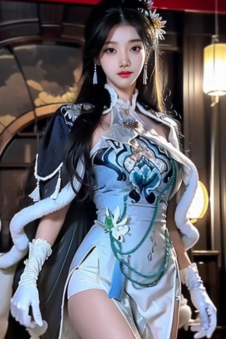 ltra-detailed,highly detailed,best quality,masterpiece,illustration,realistic,photorealistic,
guqinghan,cangyugezhu, 1girl, solo, 
chinese clothes, china dress, gloves, fur trim, side slit, cape, shawl,
jewelry, earrings, tassel, 
black hair, long hair, hair bun, hair ornament, hair flower, 
looking at viewer, cowboy shot, standing, 
outdoors, winter, snow, flower, 
<lora:guqinghan cangyugezhu_v1_04:0.9>