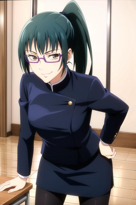 (masterpiece), high quality, (detailed background:1.3), 1girl, solo,
<lora:MakiZenin-v2-05:0.65>, ChopioMakiZenin, long hair, green hair, blunt bangs, high ponytail, brown eyes, glasses, semi-rimless eyewear, (looking at viewer:1.3),
hair tie,
outfit_1, gakuran, blue jacket, long sleeves, blue skirt, black pantyhose,
school, indoors,
standing, (sexy smile, sexy pose:1.4),