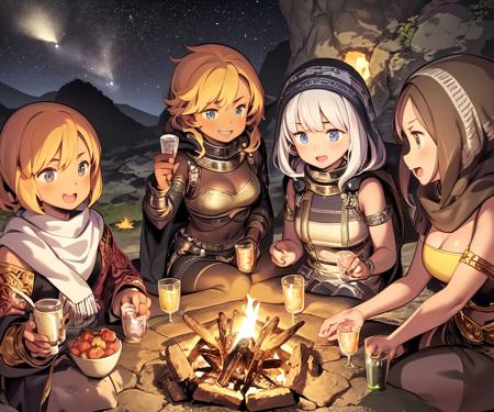 <lyco:himukai_yuuji-NAI-LyCORIS:1>
a group of female adventurers sitting around a campfire under a starry sky