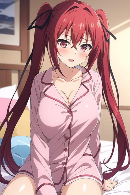 masterpiece, best quality,1girl,solo,naruse mio,red hair,very long hair,hair between eyes ,twintails,red eyes,hair ribbon,pink pajamas,<lora:narusemio:0.6>,on bed, 