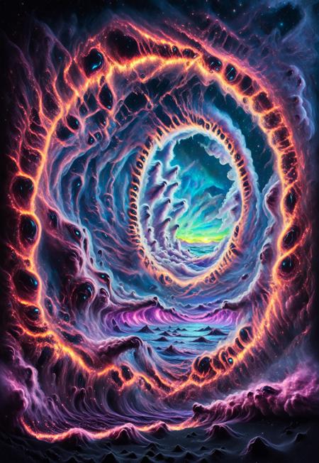 A distant planet. A portal framed by an intricately carved, ancient obsidian archway that is subtly inlaid with luminescent threads of light. Around the outside edges of the frame, thick smoke gathers, out of which vague forms materialize, ghostly spirits of black-eyed amphibious cyclops, clinging to the outer-edge of the archway, screaming final gasps of horror as their ghastly bodies dissipate into smoke, swallowed by the vast eternal darkness.
 
Through the portal, a window into another dimension: a cosmic, layered, surreal scene unfolds: all life and all worlds, represented by waves and glowing colors, pulled apart and brought together in an endless flux. Past and future blend together in the sin-wave brainwave. The pulsing of the universe, twisting through myriad colors. Swirling vapor-wave clouds blend with ocean-waves and sound-waves, energy-waves and brain-waves, coming into the black-sand shoreline on a distant unknown shore. The clouds and waves blend together as they wash over the shore and the sky--everything blending, textures and colors. Luminous brush strokes of melted aurora streak through the sky, breaking it open, revealing but another dimension and infinite set of worlds, each sky opening again until the gaze of heaven is revealed. 

This artwork is mixed-media, impossible to create, impossible to shake yet impossible to hold. It is a mind within a dream within a mind. It is a masterpiece that is both unforgettable and sublime. 