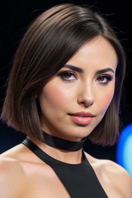 best quality (raw:1.1) photo of (csyclvrt:0.99), short bob hair,blush, pink lipstick, ((television makeup:1.2)), (high neck black dress with collar:1.2), ((at a tv game show:1.2)), (closeup:1.2:1.2), RAW candid cinema, 16mm, color graded portra 400 film, remarkable color, ultra realistic, textured skin, remarkable detailed pupils, realistic dull skin noise, visible skin detail, skin fuzz, dry skin, shot with cinematic camera, detailed skin texture, (blush:0.2), (goosebumps:0.3), subsurface scattering