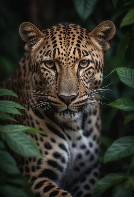 A leopard hiding in the jungle, a photo-realistic portrait, captured with a Canon EOS R5 camera and a macro lens for detailed wildlife portraits. The high-resolution, HDR image has a National Geographic-style aesthetic