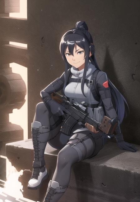 <lora:Pitohui_Elza:0.8>, Pitohui_Elza, sitting, assault rifle, holding rifle, smirk, headgear, (acclaimed, alluring, captivating, exciting, gorgeous, striking:1.3), (highly detailed, high quality:1.3)