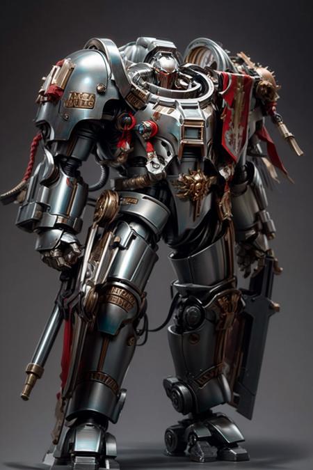 Photo of  dreadknight, full metal armor, wearing intricate ornamented metal armor, 
solo, (dreaknight:1.2), epic, full metal armor, silver armor, bronze trimmings, tall stature,
<lora:tool - add_detail:1> <lora:Grey Knights MK1 by CARAXES:0.8>