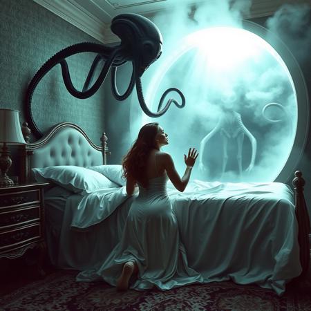 Beautiful lady kneeling in the bed,  pulled by alien long tentacles emerged from the portal  from her bedroom  bed toward giant  portal in the wall,   opened  to alien spacesip harem chamber , struggling  to break free. Fog streaming from the portal. Horrible  space alien looking at  her from portal. Rich white  transparent satin nightgown, elegant high heels, weird foil pillows,