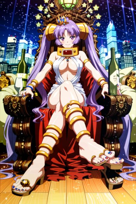 (masterpiece:1.5), best quality, (1girl, solo),
binko, 1girl, throne, solo, purple hair, crossed legs, jewelry, long hair, twintails, nail polish, sitting, anklet, crown, very long hair, ring, toenail polish, bottle, toenails, sandals, feet, alcohol, breasts, smile, purple eyes, shoes, , gold, chalice, medium breasts, cage,
<lora:Binko0011:0.65>
blush,
( outdoors, night, city, cowboy shot, dynamic pose, looking at viewer, )
<lora:more_details:0.1>
<lora:GoodHands-beta2:0.8>