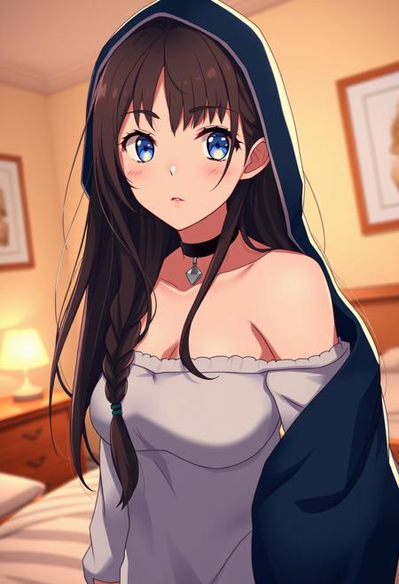Portrait photography, (Innocent and alluring woman in off-shoulder shirt:1.3), Dynamic angle composition, Long flowing hair, Beautiful expressive eyes, (Delicate freckles:1.2), Medium breasts, Subtle cleavage, Tight body posture, (Cozy bedroom background:1.2), Warm tones, Soft furnishings, High contrast lighting, Captured with a Canon EOS R5, 50mm f/1.2 lens, Vivid highlights, Dramatic shadows, Film grain texture, Rich details, rating_explicit, score_9, score_8_up, score_7_up, score_6_up, derpibooru_p_95,
source_anime,anime,milf,simple,cartoon,blush,horny,1girl,breasts,hood,solo,large breasts,long hair,cleavage,cloak,bridal gauntlets,hooded cloak,choker,hood up,parted lips,braid,Expressiveh,<lora:Expressive_H:1>,<lora:breasts++-PD-swooping-1.0:1>,swooping breasts,huge breasts,breasts apart,