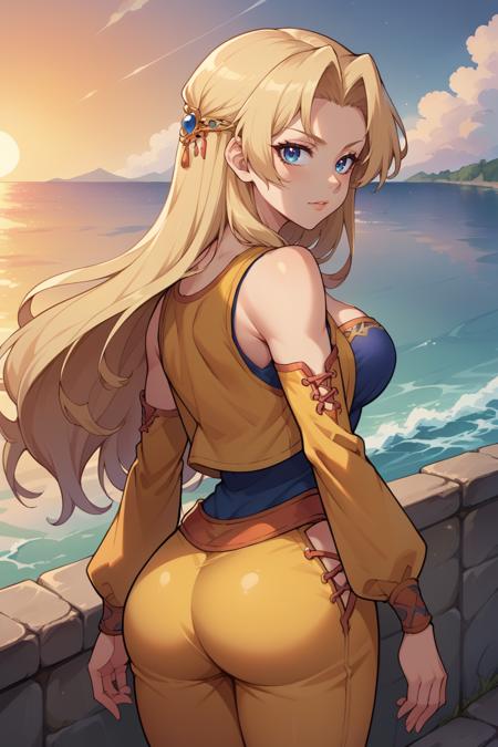 celes chere, blonde hair blue headband, green leotard, cleavage, white cape, shoulder pads, bracers, white boots hair ornament, yellow vest, detached sleeves, blue shirt, cleavage, strapless shirt, yellow pants hair ribbon, ponytail, blue ribbon, blue bow, necklace, white ballgown, frills, long sleeves