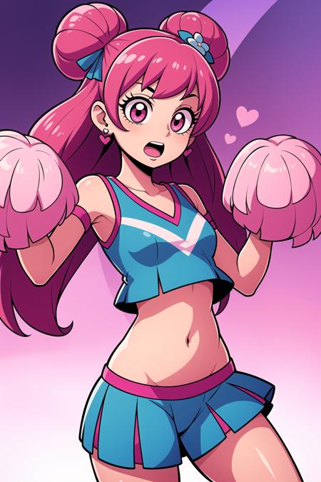 cure yell,pink eyes,hair ribbon,jewelry,1girl,long hair,navel,open mouth,cone hair bun,clover earrings,highres,hair flower,pink hair,solo,hair ornament,precure,heart pouch,earrings,flower,pom pom \(cheerleading\)