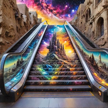 escalator,fantasy landscape, gel, backlit, futuristic cityscape, vivid colors, sci fi, nebula, cosmic space background,  <lora:escalator-art6:1>