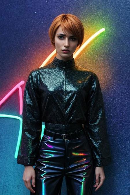 analog photo, dark shot, low key, action, (a intelligent afghan girl, 20 years old:1.1), strawberry blonde pixie bob hair, huge tits, fit, reflections on the wall background, abstraction atmosphere, (prismatic, holographic:1.2), sparkles, neon pixels, (neon light:1.1), chaotic, fashion magazine, (intricate details:0.9), (hdr, hyperdetailed:1.2)