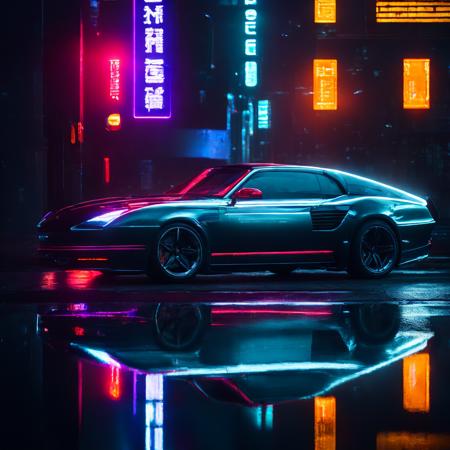 photograph, sports car, cyberpunk, neon, rain, detailed, reflections, lights