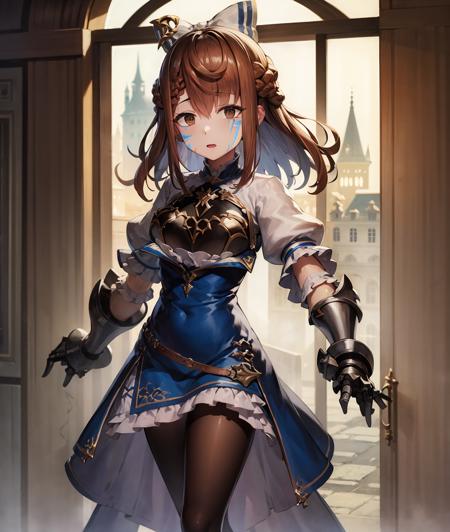 (best quality, masterpiece, highres:1.4),  a portrait of a girl, standing, full body, 
1girl, brown hair, brown eyes, (gauntlets), pantyhose, solo focus, armor, blue dress, looking at viewer, dress, bow, frills, hair bow, hair between eyes,  puffy sleeves, short sleeves, black pantyhose, breasts, long hair, , white bow,  braid, bangs, armored dress,  frilled dress, puffy short sleeves, medium breasts, breastplate, medium hair,  brown pantyhose, belt, brooch, ribbon, jewelry,  frilled sleeves, hair ornament, skirt, shoulder armor, white shirt, pelvic curtain,  shirt,  gem,  blue bow,   short hair, hair ribbon, (tareme), petticoat, (facial mark),  french braid, juliet sleeves, 
   <lora:MaishaLocon:1>, castle town in background,