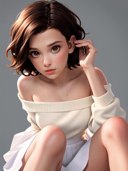 Realistic photo of a beautiful M1ll13bb-v1 woman, 1girl, solo, short hair, skirt, simple background, brown hair, shirt, black hair, long sleeves, bare shoulders, brown eyes, sitting, white shirt, pantyhose, grey background, mole, lips, hands up, white skirt, realistic, soft lighting, professional Photography, Photorealistic, detailed, RAW, analog, sharp focus, 8k, HD, high quality, masterpiece<lora:M1ll13bb-v1:1.0>