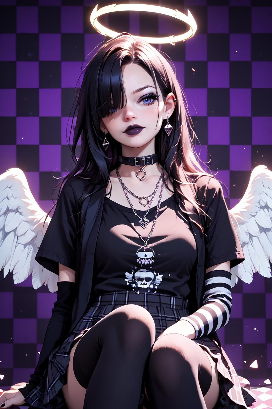 1woman, solo, dynamic angle, head tilt, emo fashion, angel wings, hair over one eye, eyelashes, eyeliner, black collar, plaid skirt, striped arm warmers, chain necklace, zettai ryouiki, striped thighhighs, traditional halo, cinematic shadows, [(purple background:1.2)::0.2], (checkered background:1.2), newest, highres, illustration, incredibly absurdres, ultra detailed, masterpiece, best quality, <lora:gg3:0.6> Goth girl,, score_9, score_8_up, score_7_up, score_6_up, score_5_up, score_4_up, <lora:040790P:0.8> 040790P, woman, 24 years old,