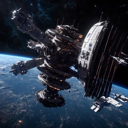 Design a breathtaking scene set in the vastness of space, where a futuristic spaceship is gracefully docking with a massive space station. Imagine this spacecraft as a marvel of human engineering, with sleek lines, glowing accents, and an array of advanced technologies on display. The space station, a towering structure with intricate details and multiple docking ports, serves as a bustling hub of interstellar activity.

As the spaceship aligns perfectly with the docking bay, highlight the intricate dance of mechanical arms and magnetic locks securing the two structures together. Add a dramatic touch with a vibrant nebula glowing in the background, its vivid colors contrasting the dark void of space. Enhance the sense of depth and movement with stars streaking across the scene, creating a captivating starfield.

Include subtle lighting effects to showcase the reflective surfaces of the spaceship and space station, emphasizing their metallic sheen. Perhaps add a few smaller vessels or spacewalkers nearby, providing a sense of scale and additional visual interest. The overall composition should evoke a sense of wonder, showcasing the beauty and excitement of space exploration and the potential of human ingenuity in the future.
