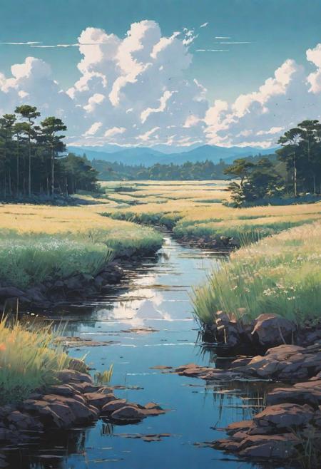 landscape, lo-fi style, epic, different bioms, horizon, different colours palette, pale colors, muted colors, vector, intricate details, highly detailed, soft, acryl, ink painting, strokes, blots, style of makoto shinkai