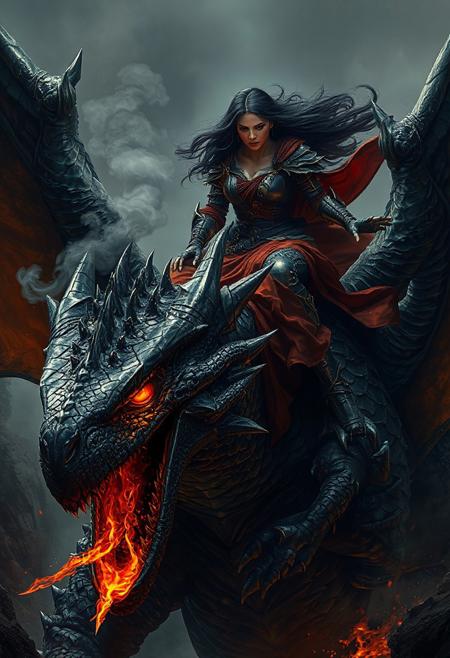 Create an epic fantasy scene featuring a fierce warrior woman riding on top of an  enormous, terrifying winged dragon. The warrior should have long, flowing black hair, and her attire must be an intricate mix of dark armor and crimson robes, blending strength and elegance. Her expression is one of determination and power, with piercing eyes that seem to glow with a supernatural intensity.
The dragon under her, a monstrous, armored creature covered in dark, glossy scales that shimmer in the low, ominous light. Its scales are jagged and rough, like volcanic rock, adding to its fearsome appearance. Its massive head is lowered, with glowing, fiery eyes locked on its foe. The dragon's mouth is open wide, revealing rows of razor-sharp teeth, and molten fire spills from its maw, swirling into the air as if about to unleash a deadly flame attack. The dragon's nostrils flare, and smoke billows from them, adding to the dangerous atmosphere.