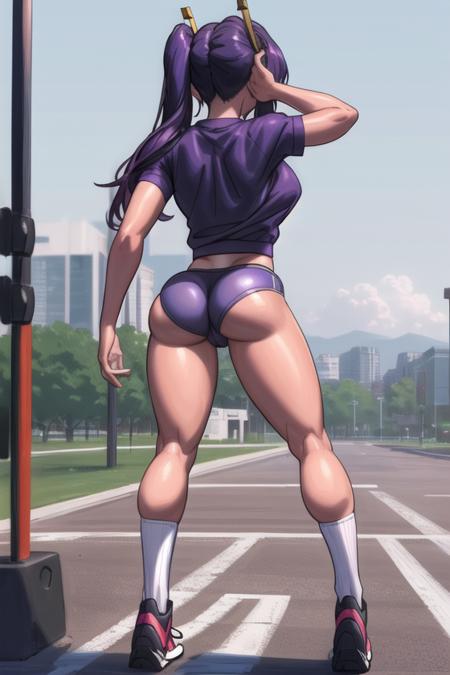 <lora:THEPIT:0.65>, THEPIT, masterpiece, best quality, 1girl, solo, ass, twintails, bike shorts, long hair, gym uniform, purple hair, sky, cameltoe, from behind, day, cloud, thighs, ass focus