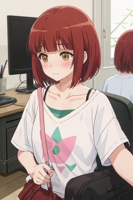 best quality, masterpiece, highres, solo, {shinoda_akane_nonnonbiyori:1.15}, short_hair, brown_hair, brown_eyes, bangs, blush, anime_coloring, red_hair, 1girl, shirt, upper_body, bob_cut, collarbone