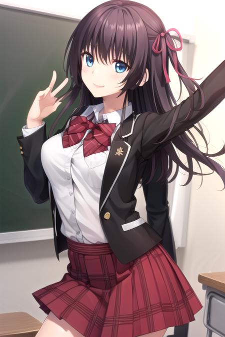 Minami Mai long hair,black hair,one side up,hair ribbon,red ribbon,sidelocks,bangs,blue eyes black jacket,wing collar,red bowtie,collared shirt,white shirt,taut shirt,medium breasts,long sleeves,pleated skirt,plaid skirt,lace skirt,black socks,loafers