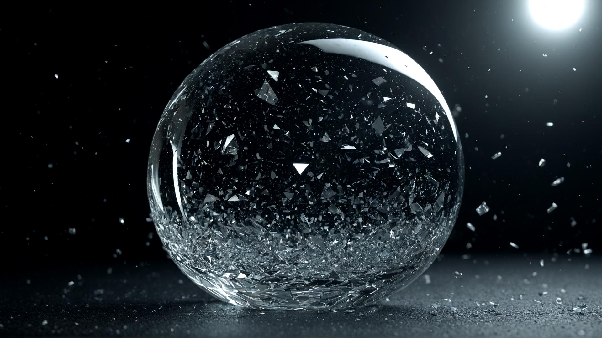 A shattered glass sphere, with shards floating in mid-air. The shards reflect soft light from unseen sources, casting tiny beams of light across the scene. The background is a deep black void, with soft shadows adding depth., Photorealistic, Hyperrealistic, Hyperdetailed, analog style, soft lighting, subsurface scattering, realistic, heavy shadow, masterpiece, best quality, ultra realistic, 8k, golden ratio, Intricate, High Detail, film photography, soft focus