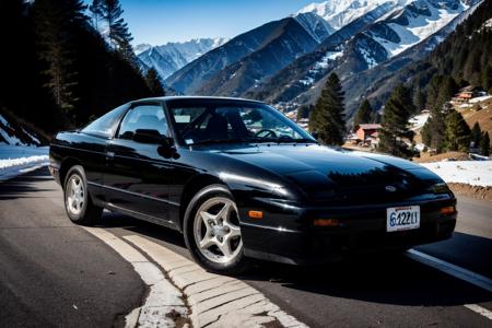 NSSN240SX in himalayas, wide-angle, masterpiece, award winning, 24mm focal length, tall pine trees, natural lighting, snowy mountains, far cry 4 scene, sharp focus, smooth, intricate details, 8k wallpaper, art by artgerm    <lora:NSSN240SX:0.8>