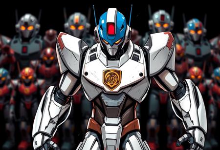 An intense, super detailed graphic novel illustration in a dynamic action pose features a central, powerful robot figurine. The robot, boasting a deep blue head with a glowing red visor and a crisp white body with a prominent gold emblem on its chest, is rendered with sharp lines and bold brush strokes, exuding a contemporary aesthetic. A Grammer Effect style and subtle splash ink elements enhance its futuristic design. It stands silhouetted against a stark black background, where other blurred, multi-colored robot figurines create an attractive, expansive collection display. The impeccable composition employs a creative angle, drawing the eye directly to the robot's vivid emotions and powerful message. Stunning, harmonious colors and captivating lighting define this high-quality, handcrafted piece. Trending on ArtstationHQ, CGSociety quality.