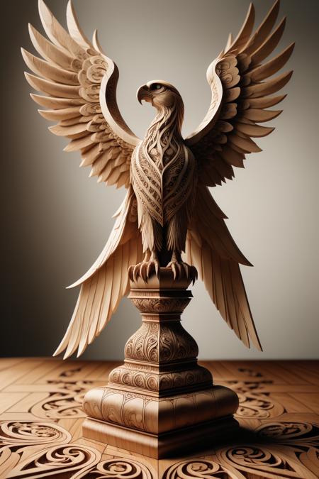 woodfigurez, closeup shot, full body, masterpiece wood carving, falcon with 2 wings carved out of big block of wood, detailed carving (painted with varnish colors:1.2), artistic style <lora:ral-woodfigurez:1>