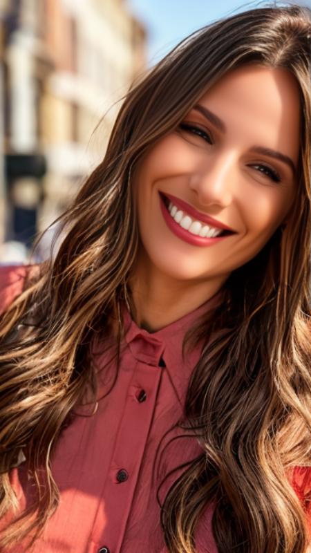 portrait of woman (pampita:1) smiling, in the street, high detailed face, 4k, 8k, <lora:pampita:1>