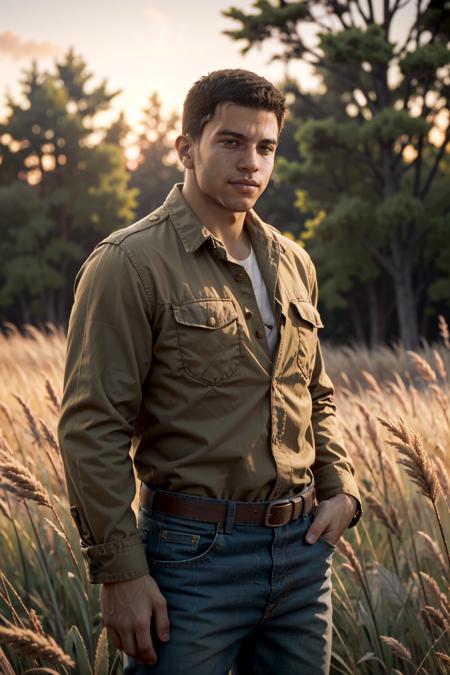 ((ultra detailed, masterpiece, best quality))
 <lora:MafiaLincoln:0.8>
MafiaLincoln, 1boy, solo, buzz cut, brown eyes, muscular, Amidst a field of tall grass, rugged jeans and a flannel shirt, golden hour sunlight casting a warm glow, hands casually in pockets with a carefree smile