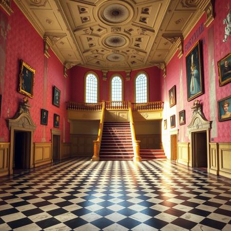 A liminal space inside Peach’s Castle from Super Mario 64. The large, open entry hall with its checkered floors is silent and still, the bright, colorful walls now faded and worn. The grand staircase, flanked by golden banisters, leads upwards, but the steps feel far too distant, as if the upper floors are unreachable. The tall, arched windows cast long shadows, and the once vibrant paintings on the walls seem to hang lifelessly, their subjects distant and indifferent.
The air is thick and quiet, and the usual echo of footsteps now feels unnaturally loud in the emptiness. The corridors stretch out, but their paths seem endless, as if the space is larger than it should be, with no sense of direction or purpose. The familiar and welcoming atmosphere of the castle now feels abandoned, as if it’s suspended in time, creating an overwhelming sense of solitude and unease. The stillness is oppressive, and it’s impossible to shake the feeling of being alone in an empty, forgotten place.