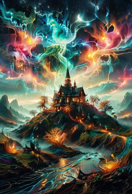 (by Ellen Jewett:1.5), (Bioluminescent Impressionism, The Dreamland), their peaks veiled in mist. mixed media, surrealism, great lighting, A surreal landscape highly detailed . extremely high-resolution details,  appears trapped in an optical illusion of reflections and refractions colorful , 
Giant Magical Tree, professional photography, natural lighting, volumetric lighting maximalist. intricately detailed, complex, elegant, night, moon, meteor shower, expansive, fantastical, film photography style,  <lora:MJ52:0.3>  <lora:SDXLFaeTastic2400:0.4>  <lora:EpicF4nta5yXL:0.7>.ethereal landscapes, depth of field, biotech emotion:1.3) <lora:xl_more_art-full_v1:0.5> <lora:add-detail-xl:1> <lora:RMSDXL_Creative:2>, GhostlyStyle, lthndrtrl