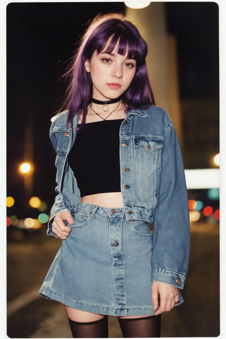 analog photo, a cute girl, 22 years old, purple hair, american, 1990, miniskirt, tube top, cropped denim jacket, petite, black pantyhose, pentagram choker, vintage, faded film, film grain, polaroid, bokeh, night photography, QUITO, shot by Lilia Alvarado
